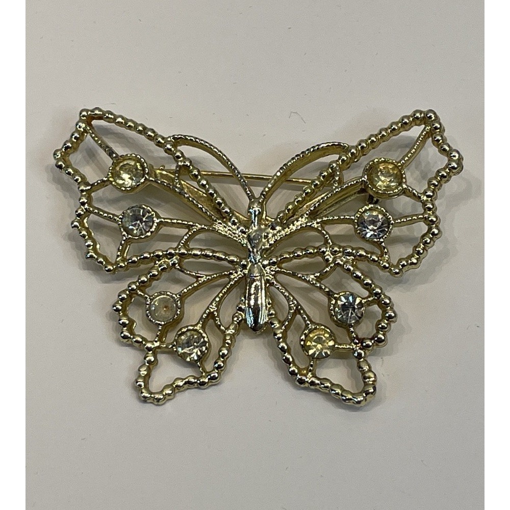 Gold Tone Butterfly Brooch VTG Rhinestone Bejeweled Costume Jewelry